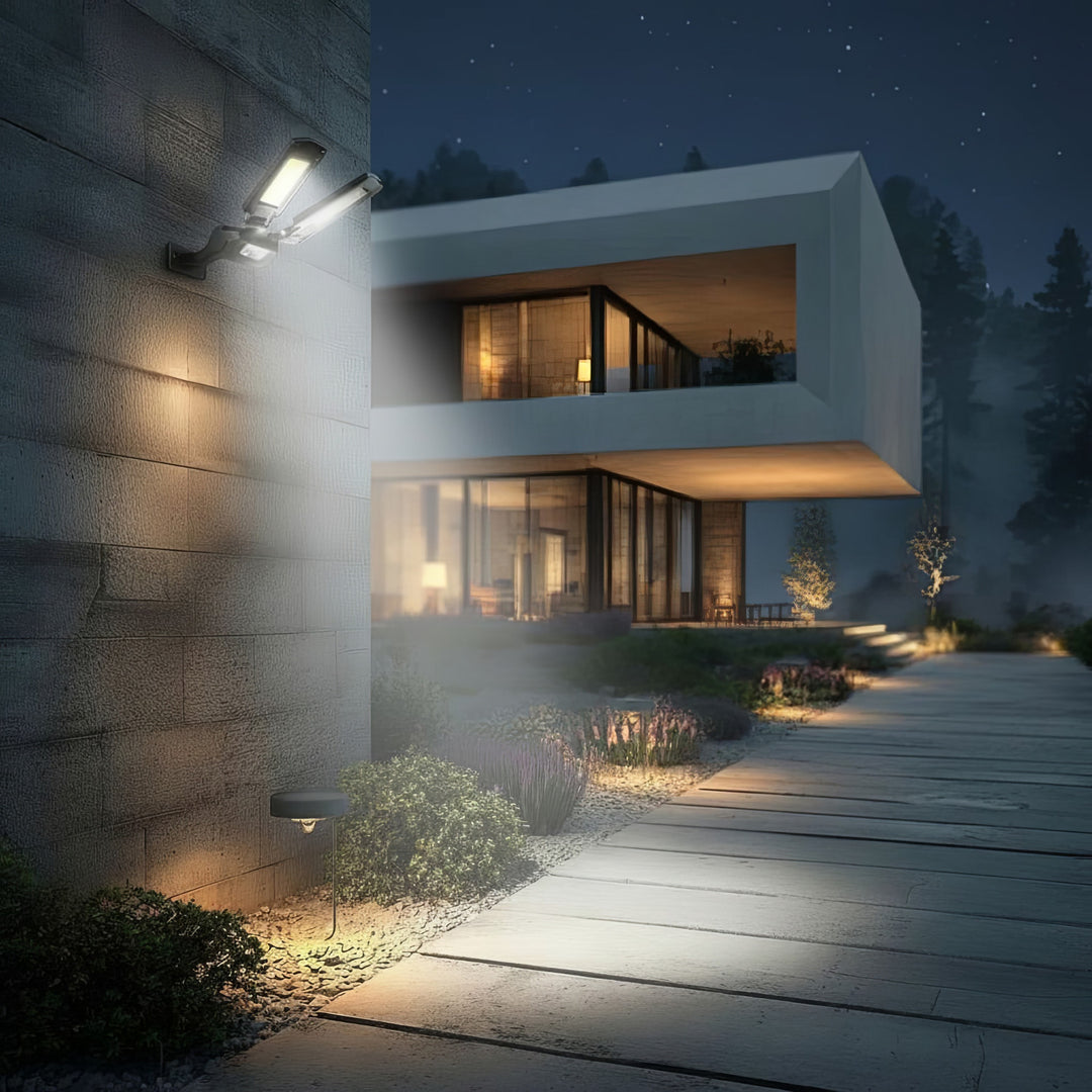 Maclean MCE447 Solcellsgatlampa Med Rörelse- Och Skymningssensor IP54 5W 2x 450 Lumen 6500K Två Ljuskällor Fjärrkontroll Solcellslampa Utomhusvägglampa Utomhusbelysning 3 Ljuslägen
