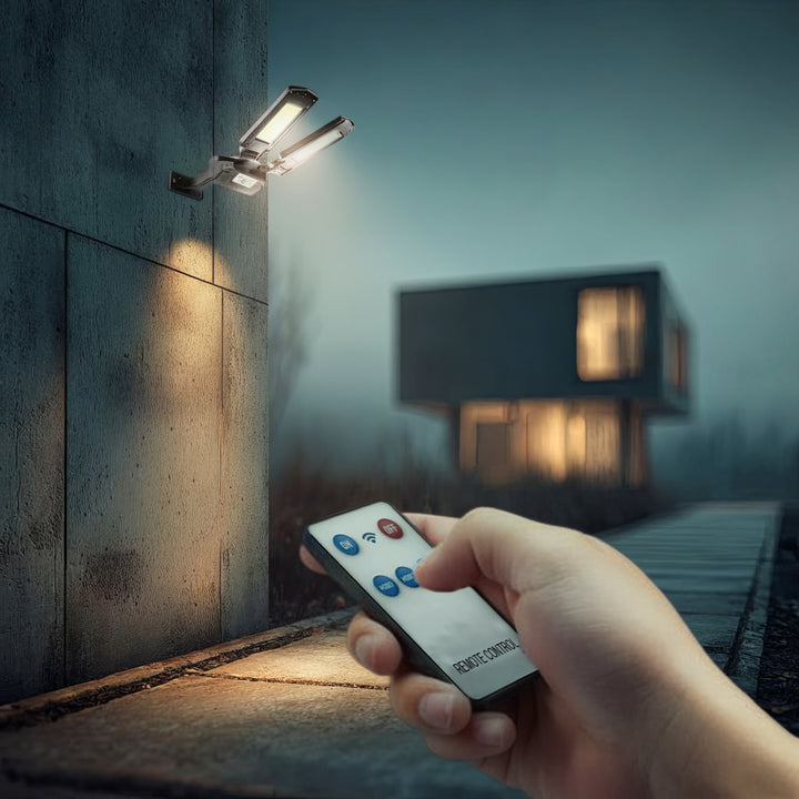 Maclean MCE447 Solcellsgatlampa Med Rörelse- Och Skymningssensor IP54 5W 2x 450 Lumen 6500K Två Ljuskällor Fjärrkontroll Solcellslampa Utomhusvägglampa Utomhusbelysning 3 Ljuslägen