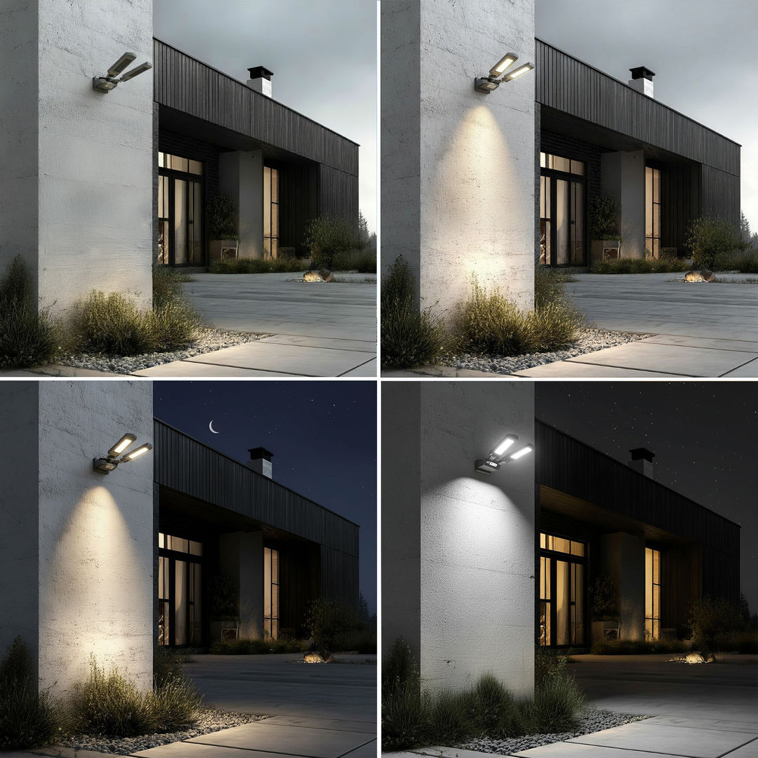 Maclean MCE447 Solcellsgatlampa Med Rörelse- Och Skymningssensor IP54 5W 2x 450 Lumen 6500K Två Ljuskällor Fjärrkontroll Solcellslampa Utomhusvägglampa Utomhusbelysning 3 Ljuslägen