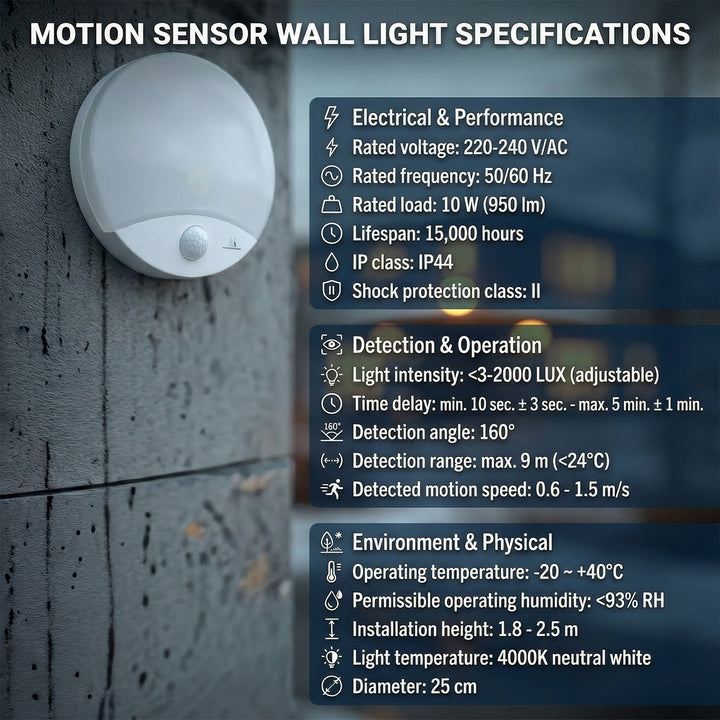 Maclean MCE357 LED Lampa Med Infraröd Rörelsedetektor Räckvidd Upp Till Max 9 m 10W IP44 Naturvit 4000K 900lm IP44 För Utomhus- Och Inomhusbruk
