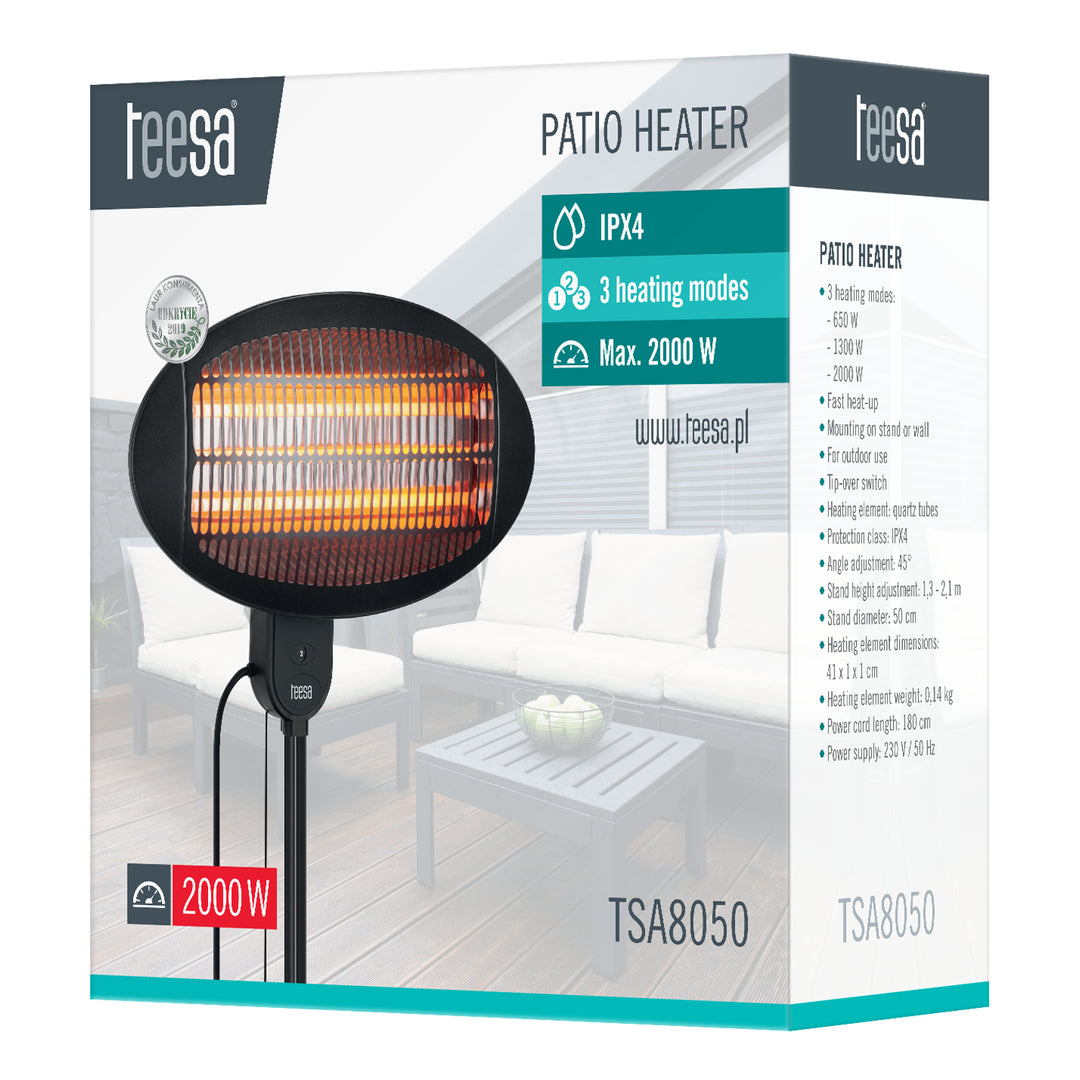 Teesa elektrisk terrassvärmare, regnsäker, tre värmelägen, höjd- och vinkeljustering, TSA8050