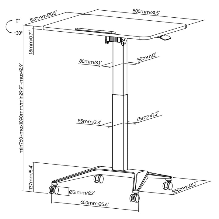 Maclean mobilt laptopbord, svart, pneumatisk höjdjustering, 80x52cm, max 8kg, 109cm h, MC-453B