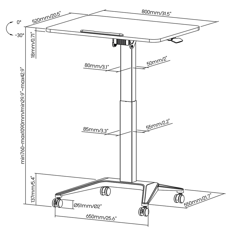 Maclean mobilt laptopbord, svart, pneumatisk höjdjustering, 80x52cm, max 8kg, 109cm h, MC-453B