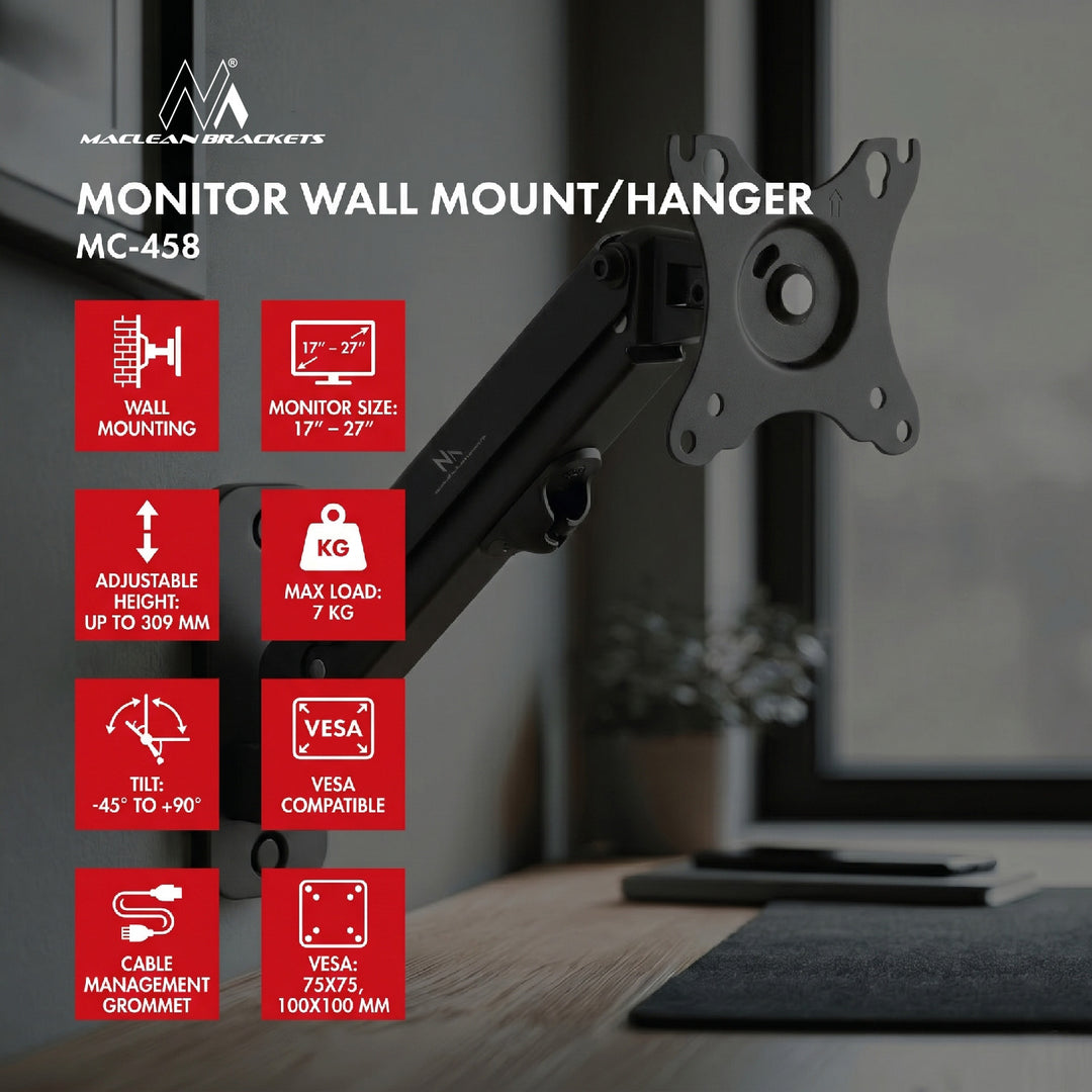 Maclean Monitor Wall Mount, 17-27'', max 7 kg, MC-458