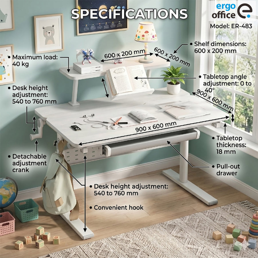 Ergo Office barnbord, höjdjusterbart, grått, max 40kg,900x600mm, ER-483