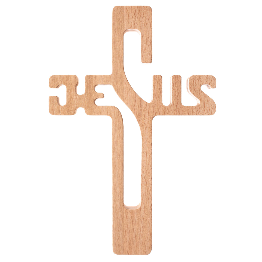 Hängande träkors med texten JESUS naturlig 22x14x1,6cm