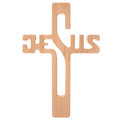 Hängande kors i trä med texten JESUS naturlig 30x20x1,8cm