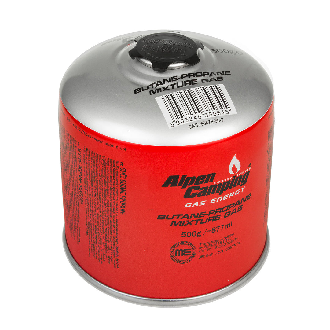 2x 500g Alpen Camping gaspatron. certifikat: Pi 0437, enligt EN417, propan-butan, intervall -10°c till + 40°c, 7/16" ventil IK008