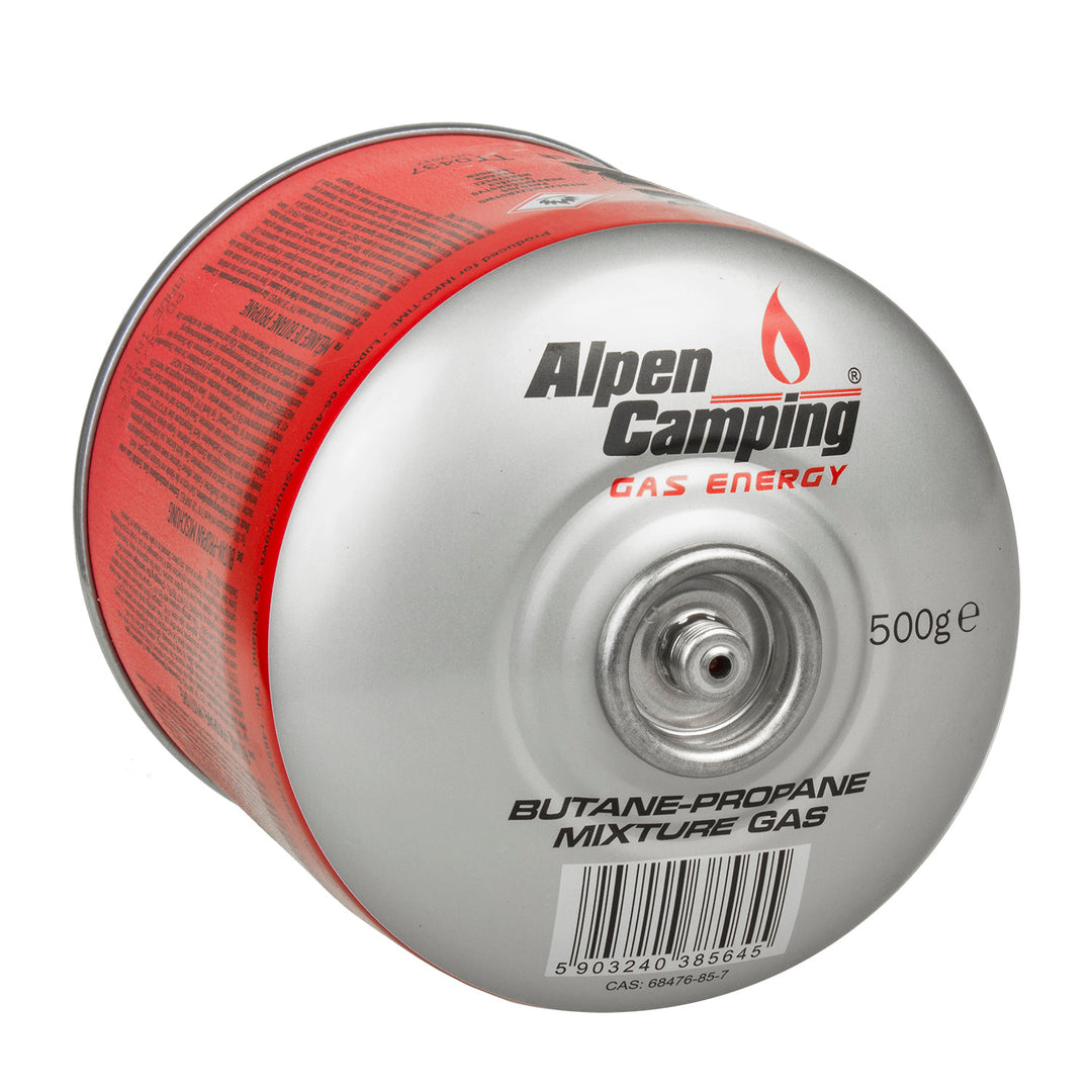 2x 500g Alpen Camping gaspatron. certifikat: Pi 0437, enligt EN417, propan-butan, intervall -10°c till + 40°c, 7/16" ventil IK008