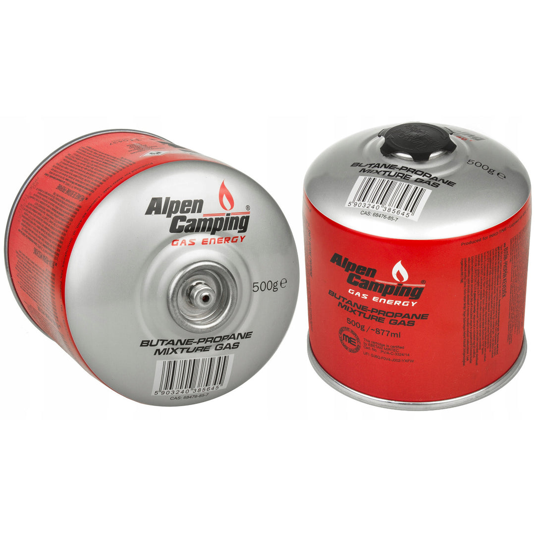 2x 500g Alpen Camping gaspatron. certifikat: Pi 0437, enligt EN417, propan-butan, intervall -10°c till + 40°c, 7/16" ventil IK008