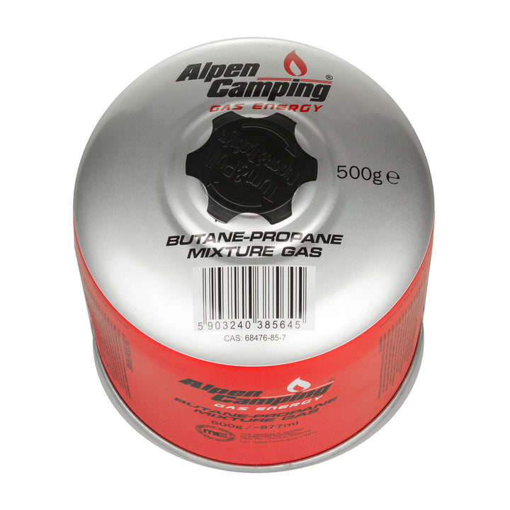 4x 500g Alpen Camping gaspatron, certifikat: Pi 0437, enligt EN417, propan-butan, intervall -10°c till + 40°c, 7/16" ventil IK008
