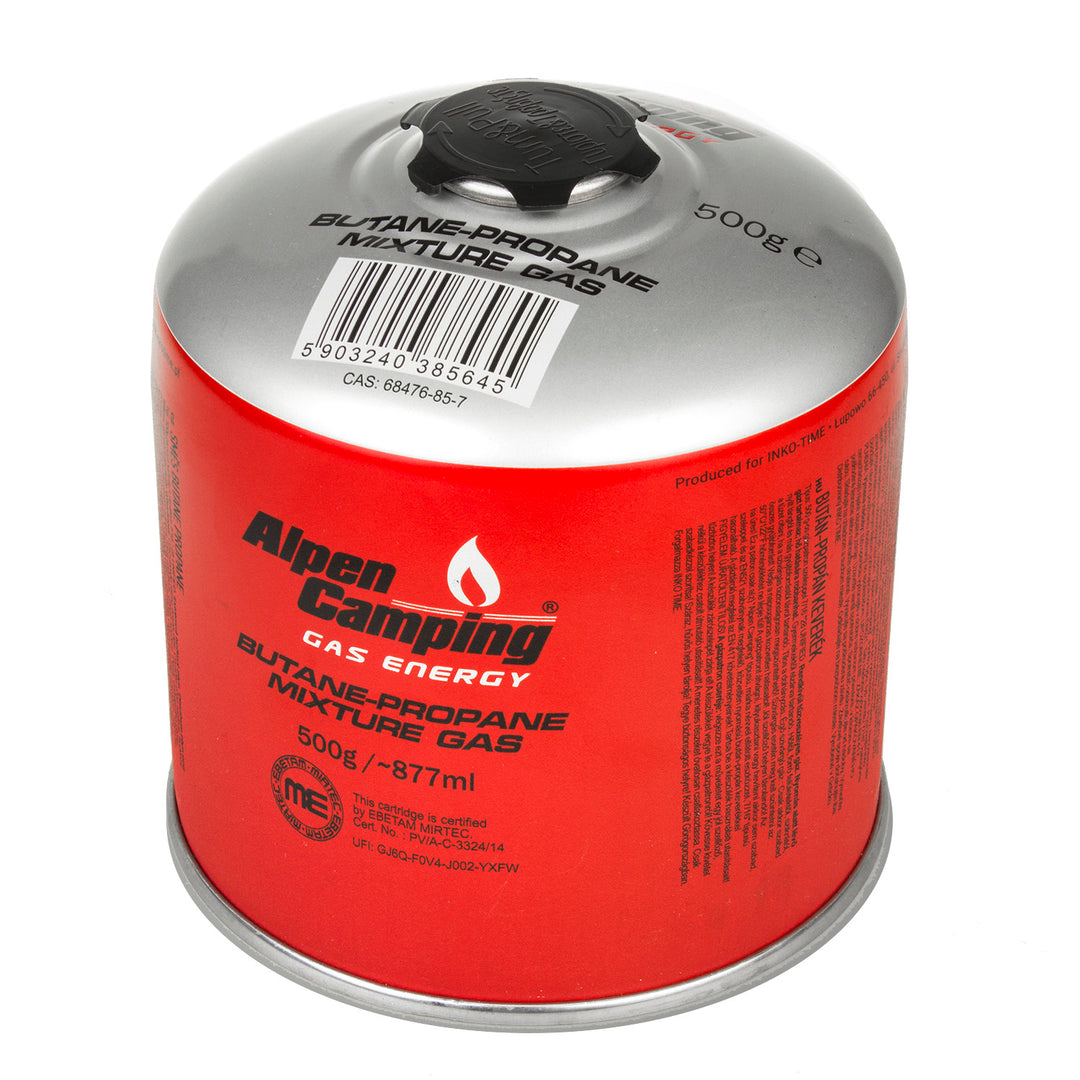 4x 500g Alpen Camping gaspatron, certifikat: Pi 0437, enligt EN417, propan-butan, intervall -10°c till + 40°c, 7/16" ventil IK008