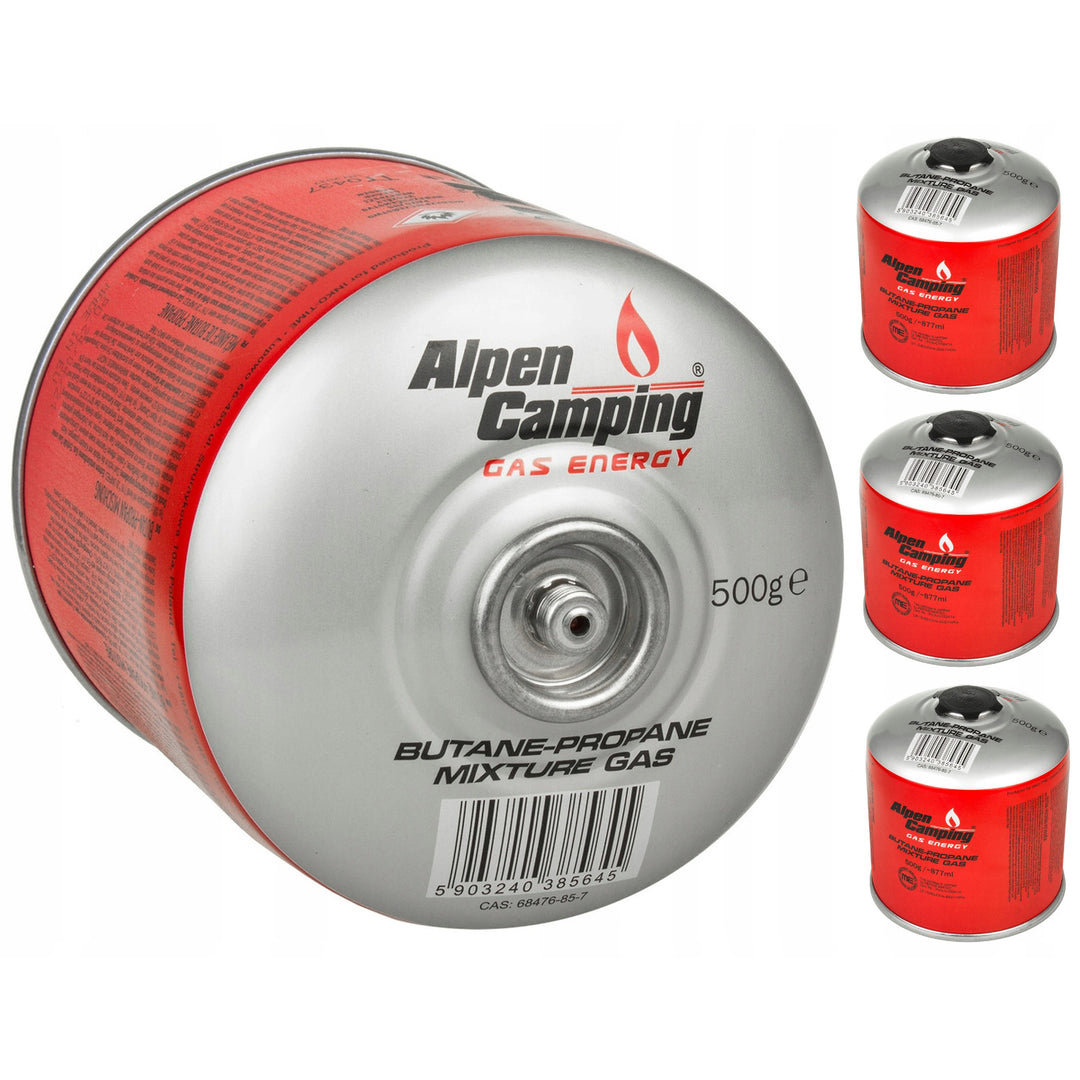 4x 500g Alpen Camping gaspatron, certifikat: Pi 0437, enligt EN417, propan-butan, intervall -10°c till + 40°c, 7/16" ventil IK008