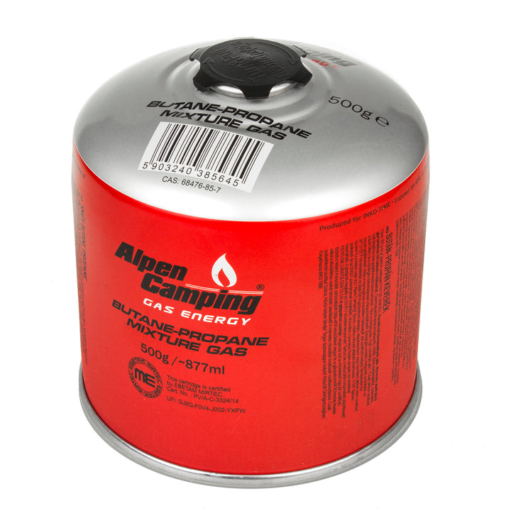 3x Alpen Camping gaspatron 500 g. Certifikat: Pi 0437, uppfyller EN417, propan-butan, område -10°c till + 40°c, 7/16" ventil IK008