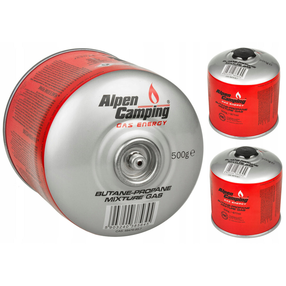 3x Alpen Camping gaspatron 500 g. Certifikat: Pi 0437, uppfyller EN417, propan-butan, område -10°c till + 40°c, 7/16" ventil IK008