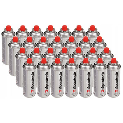 28x 380 ml Alpentech gaspatron, certifiering: Pi 0875, överensstämmer med EN521, butan, driftområde -10°C till + 40°C, IK300