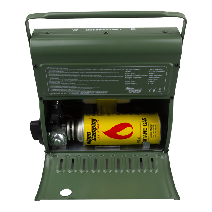Portabel gasspis Alpen Camping, gasförbrukning 124g/h, piezotändning, IK-1000 PRO, ICELAND + 4 patroner