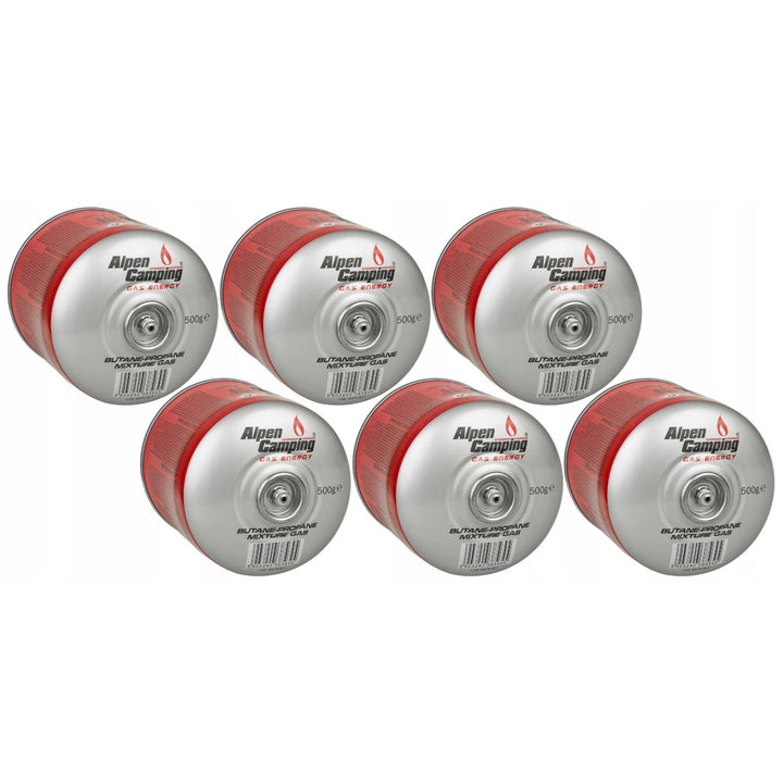 6x Alpen Camping 500g gaspatron. certifikat: Pi 0437, enligt EN417, propan-butan, intervall -10°c till + 40°c, 7/16" ventil IK008