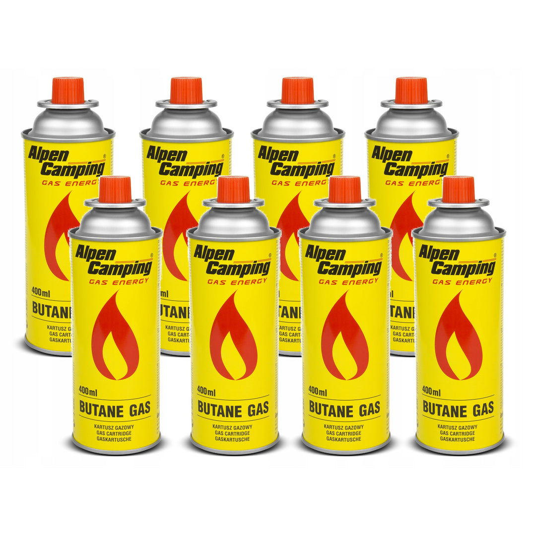 8x Alpen Camping 400 ml gaspatron, certifikat: Pi 0875, överensstämmer med EN417, isobutan, driftområde -10°c till + 40°c, IK004