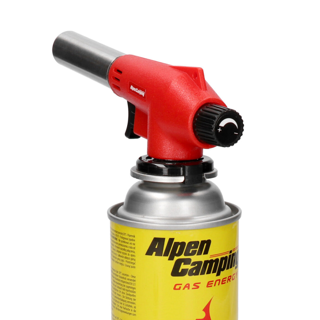 Alpen Camping patronbrännare, flamtemperatur 1350 grader C, piezotändning, flamkontroll, VULCANO + 4 patroner