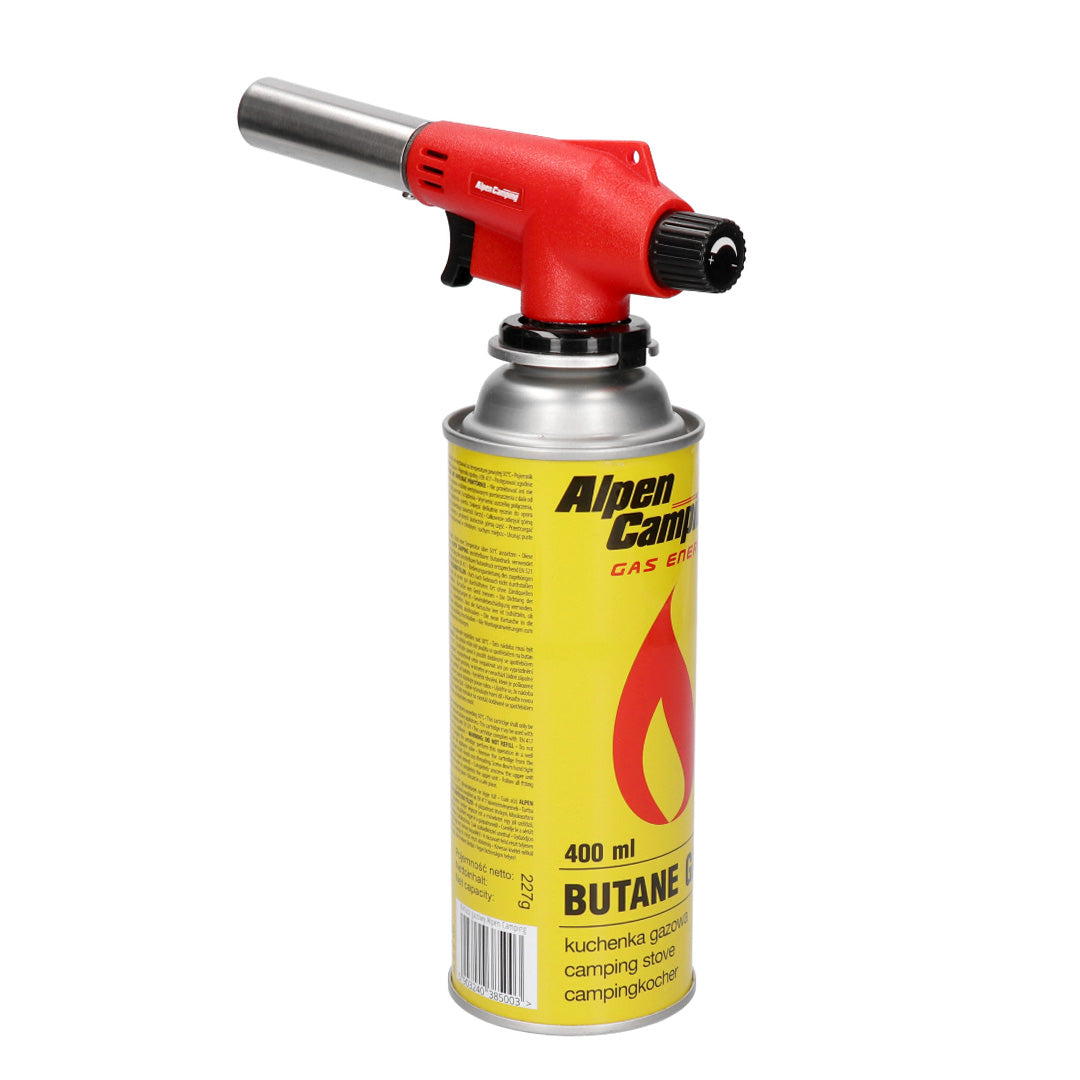 Alpen Camping patronbrännare, flamtemperatur 1350 grader C, piezotändning, flamkontroll, VULCANO + 4 patroner
