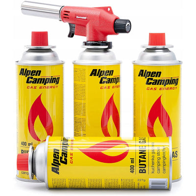 Alpen Camping patronbrännare, flamtemperatur 1350 grader C, piezotändning, flamkontroll, VULCANO + 4 patroner