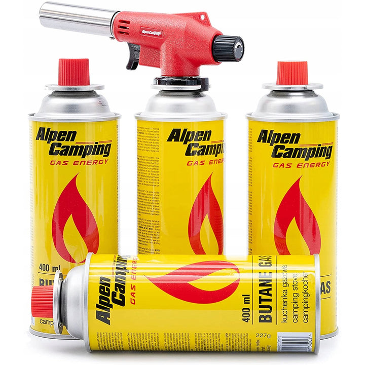 Alpen Camping patronbrännare, flamtemperatur 1350 grader C, piezotändning, flamkontroll, VULCANO + 4 patroner