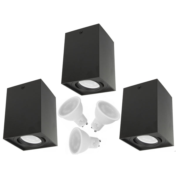 3x Maclean tub / utanpåliggande takarmatur, spot, fyrkantig, aluminium, GU10, 80x80x115mm, svart, MCE426 B + 3x LED-lampa 5W