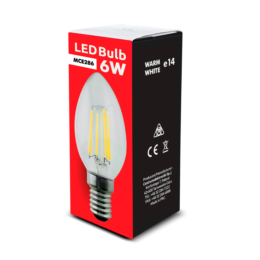 6x Maclean, Filament LED E14, 6W, 230V, WW varmvit 3000K, 806lm, Retro edison dekorativt ljus C35, MCE286