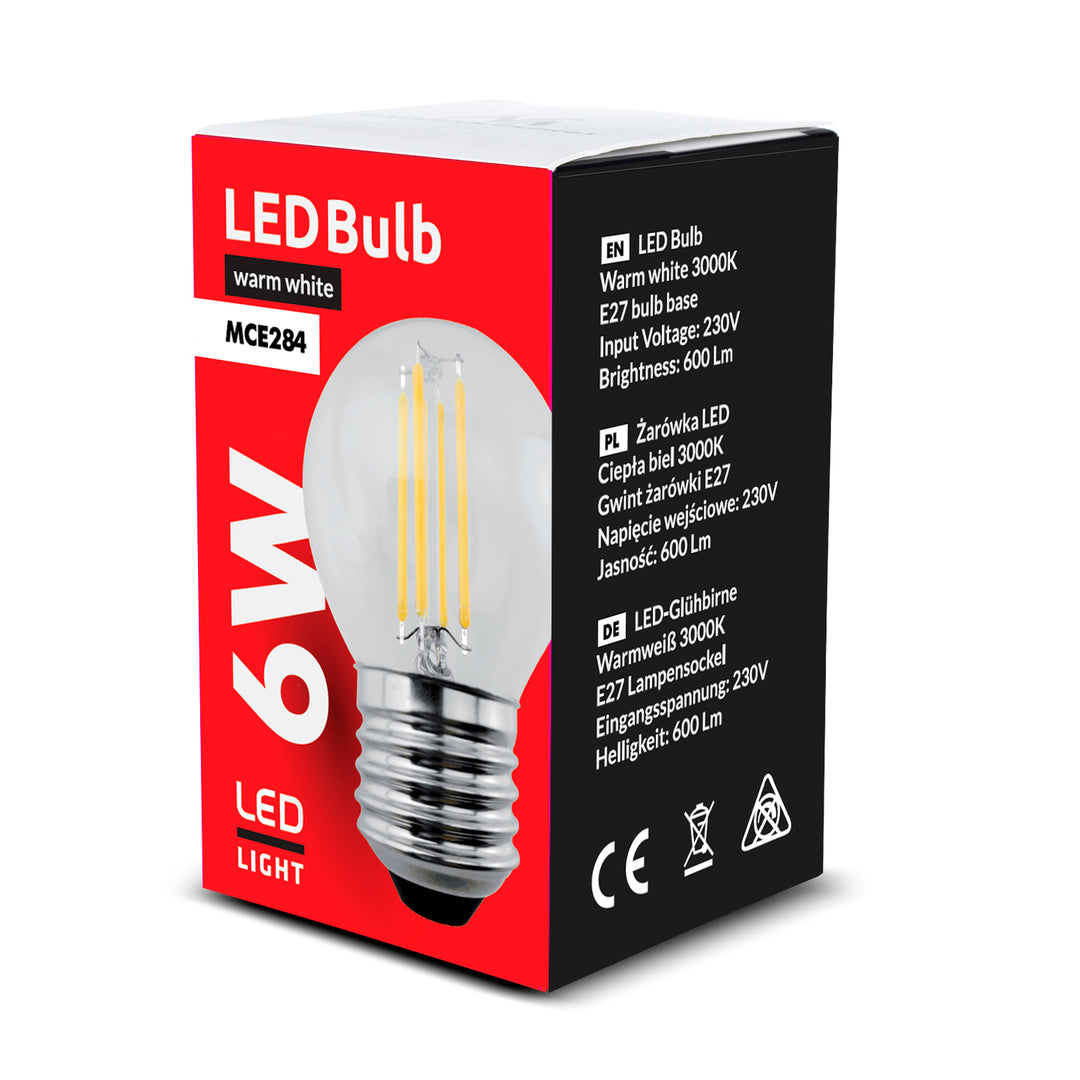6x Maclean, LED glödlampa E27, 6W, 230V, WW varmvit 3000K, 600lm, retro edison dekorativ G45, MCE284