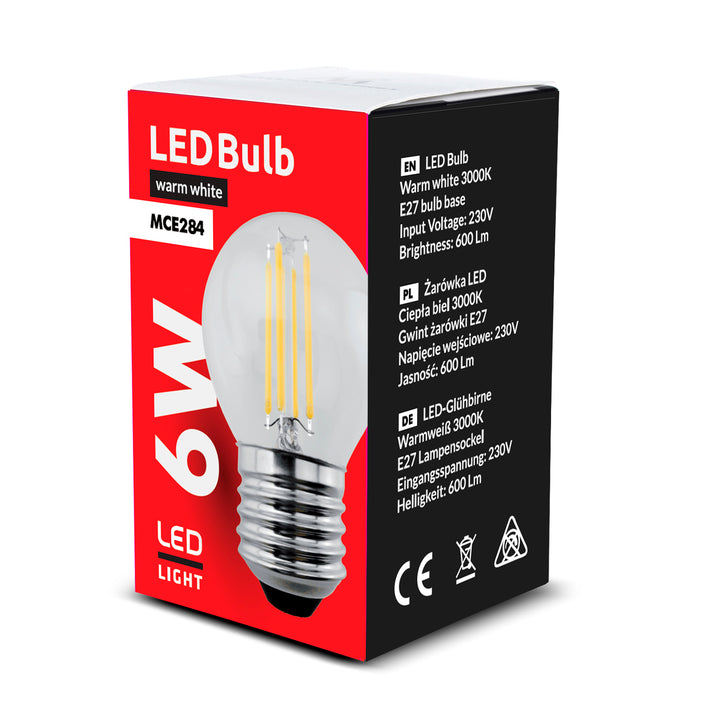 6x Maclean, LED glödlampa E27, 6W, 230V, WW varmvit 3000K, 600lm, retro edison dekorativ G45, MCE284