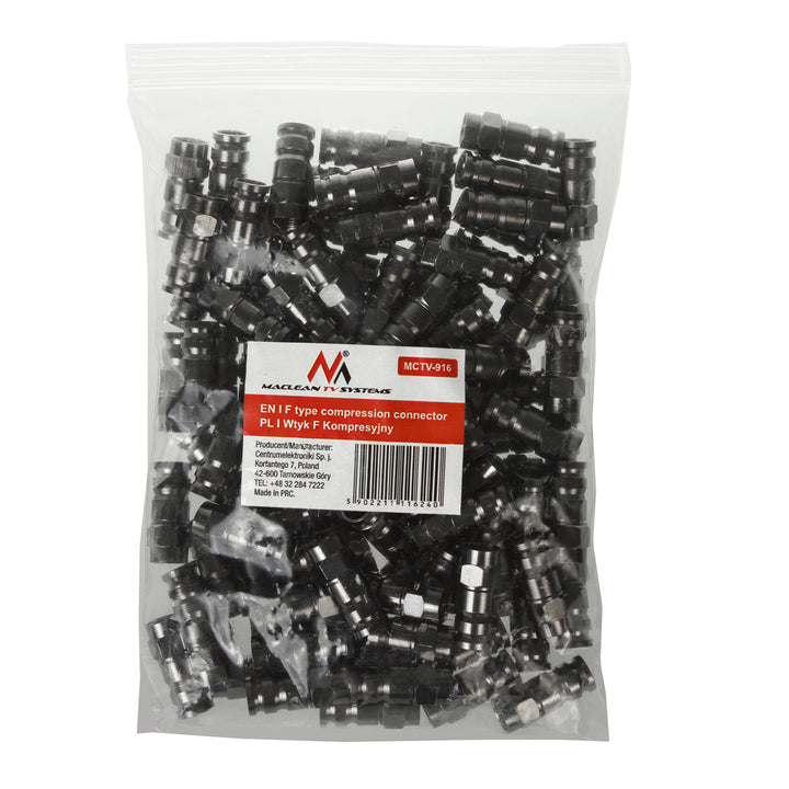 100x Maclean, F Kompressionskontakt, RG-6, Professionell, Nickel, Svart, MCTV-916