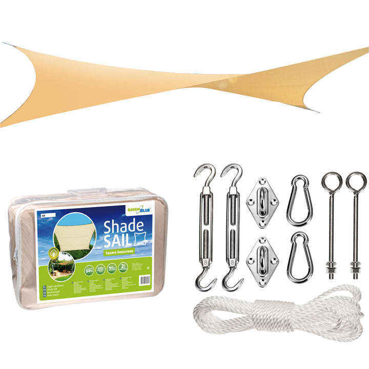 GreenBlue UV-trädgårdsskuggsegel, polyester, 5m kvadrat, kräm + monteringssats