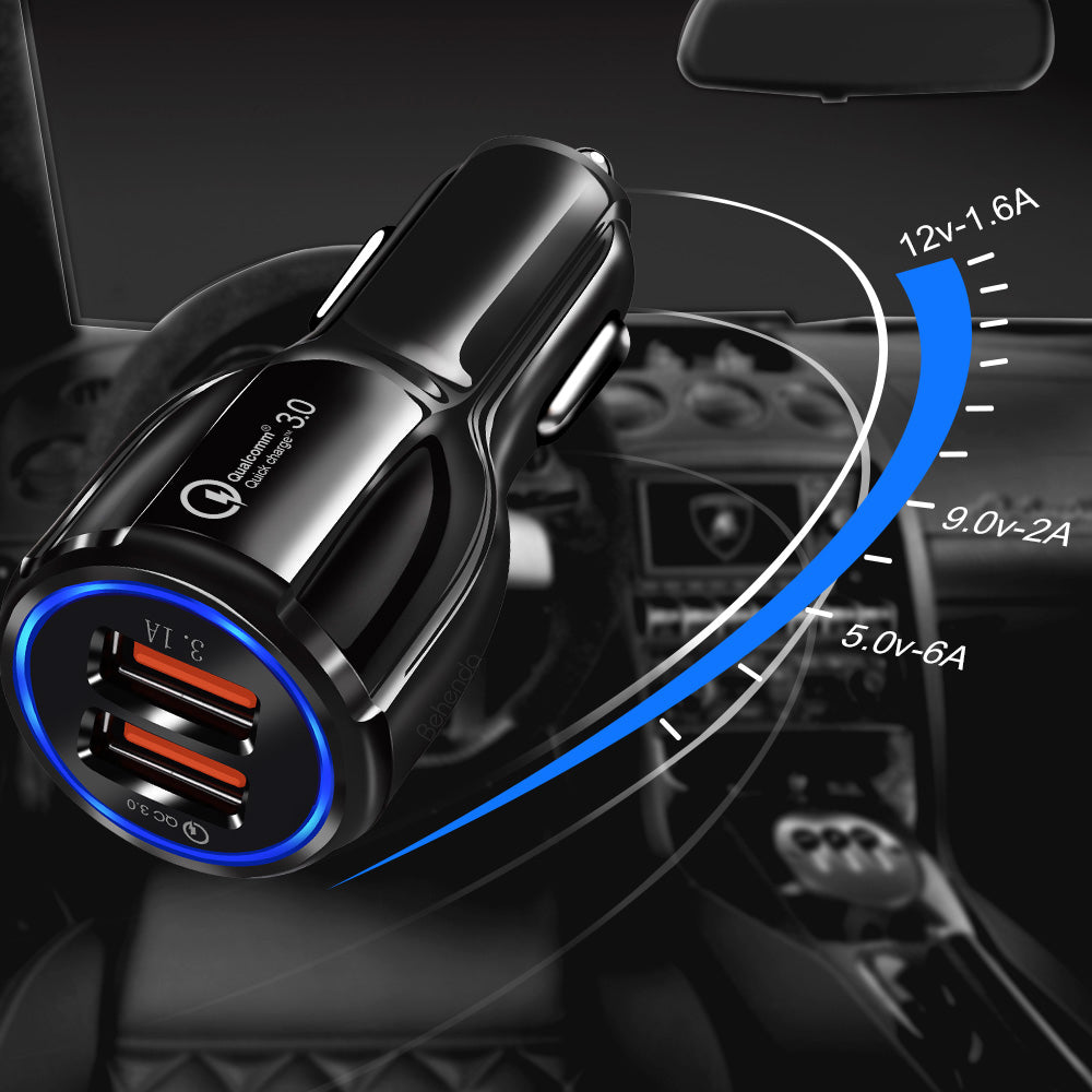 Maclean billaddare, Qualcomm Quick Charge, QC 3.0 - 5V/3A, 9V/1,8A, 12V/1,6A, 5V/3,1A uttag med USB Lightning-kabel