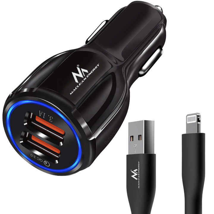 Maclean billaddare, Qualcomm Quick Charge, QC 3.0 - 5V/3A, 9V/1,8A, 12V/1,6A, 5V/3,1A uttag med USB Lightning-kabel