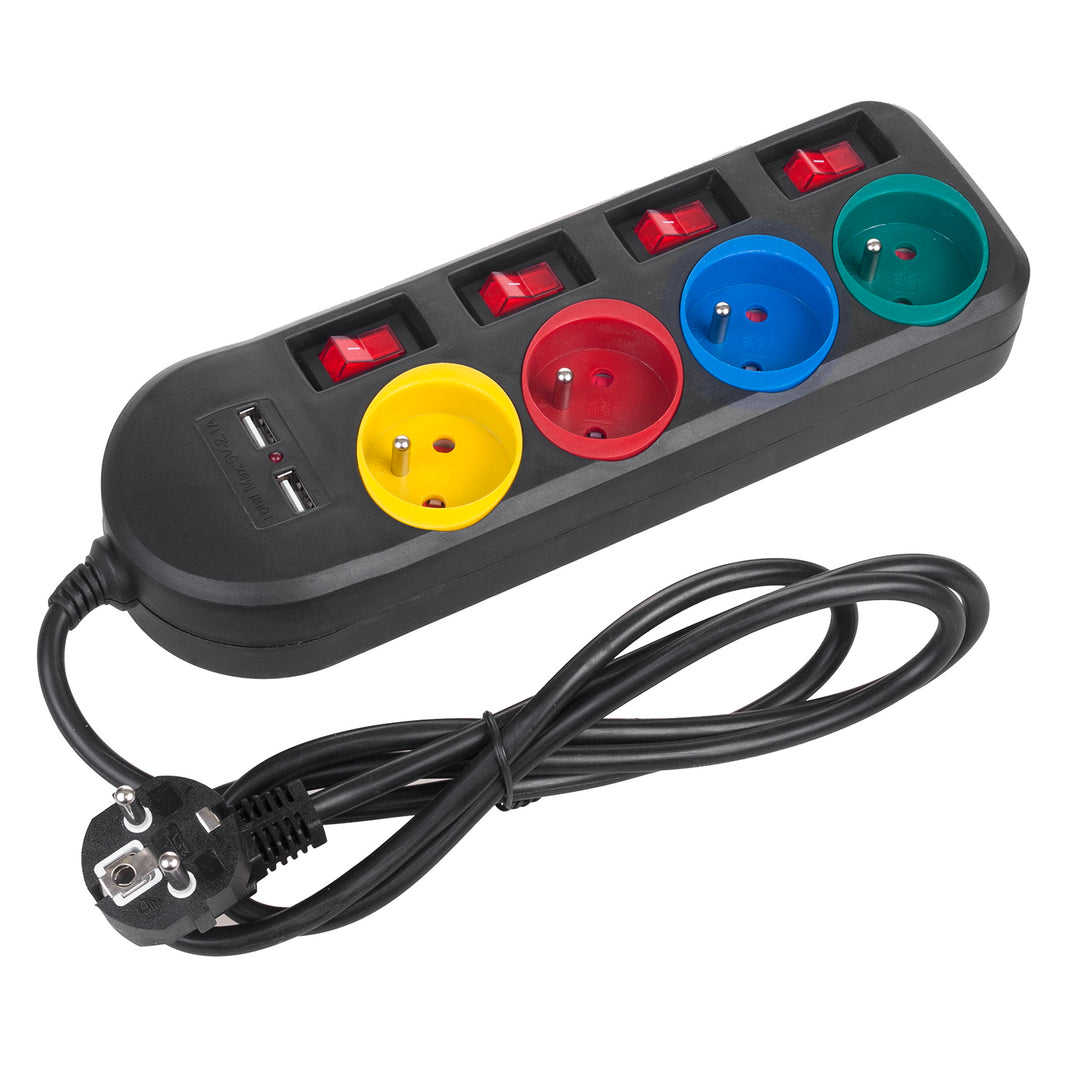 Maclean grenuttag, förlängningskabel 4 uttag + 2xUSB, med brytare, 250VAC/10A, 2,1A 5V, 1,5m, vit, MCE229B + USB-kabel MCE471