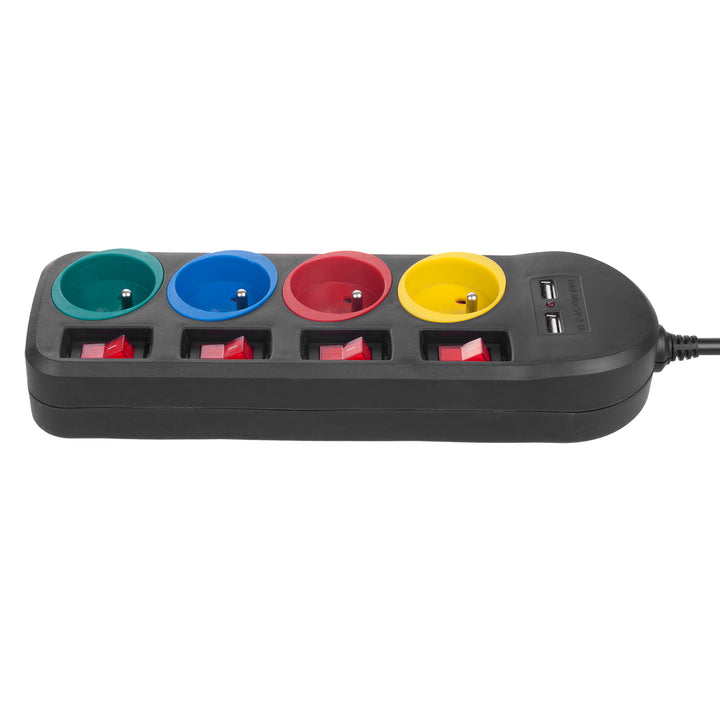 Maclean grenuttag, förlängningskabel 4 uttag + 2xUSB, med brytare, 250VAC/10A, 2,1A 5V, 1,5m, vit, MCE229B + USB-kabel MCE471