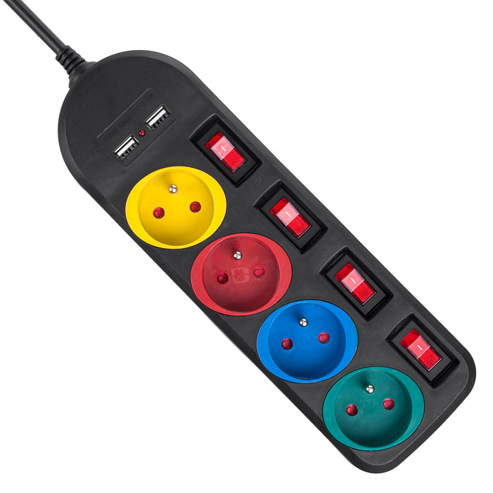 Maclean grenuttag, förlängningskabel 4 uttag + 2xUSB, med brytare, 250VAC/10A, 2,1A 5V, 1,5m, vit, MCE229B + USB-kabel MCE471