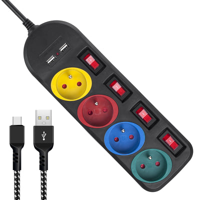 Maclean grenuttag, förlängningskabel 4 uttag + 2xUSB, med brytare, 250VAC/10A, 2,1A 5V, 1,5m, vit, MCE229B + USB-kabel MCE471