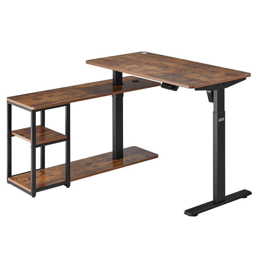 Ergo Office elektriskt lyftbord, max. höjd 121cm, max. 70 kg, med bordsskiva och hyllor, för stående och sittande, rustikbrun, ER-450, 2 delar