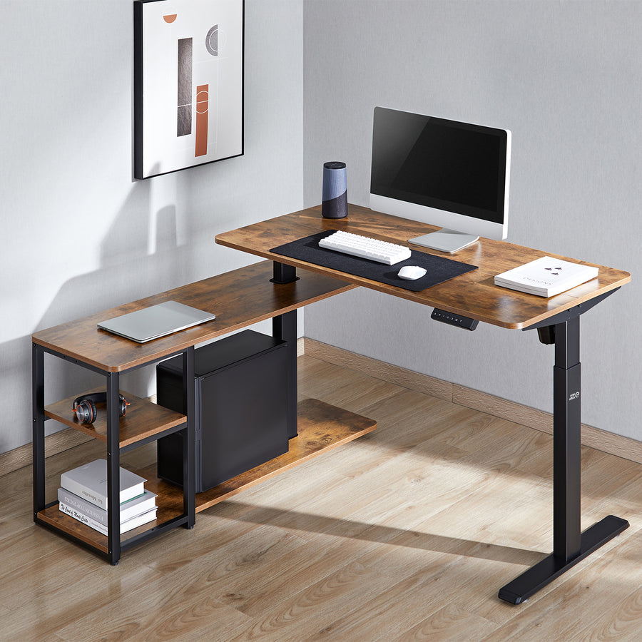 Ergo Office elektriskt lyftbord, max. höjd 121cm, max. 70 kg, med bordsskiva och hyllor, för stående och sittande, rustikbrun, ER-450, 2 delar