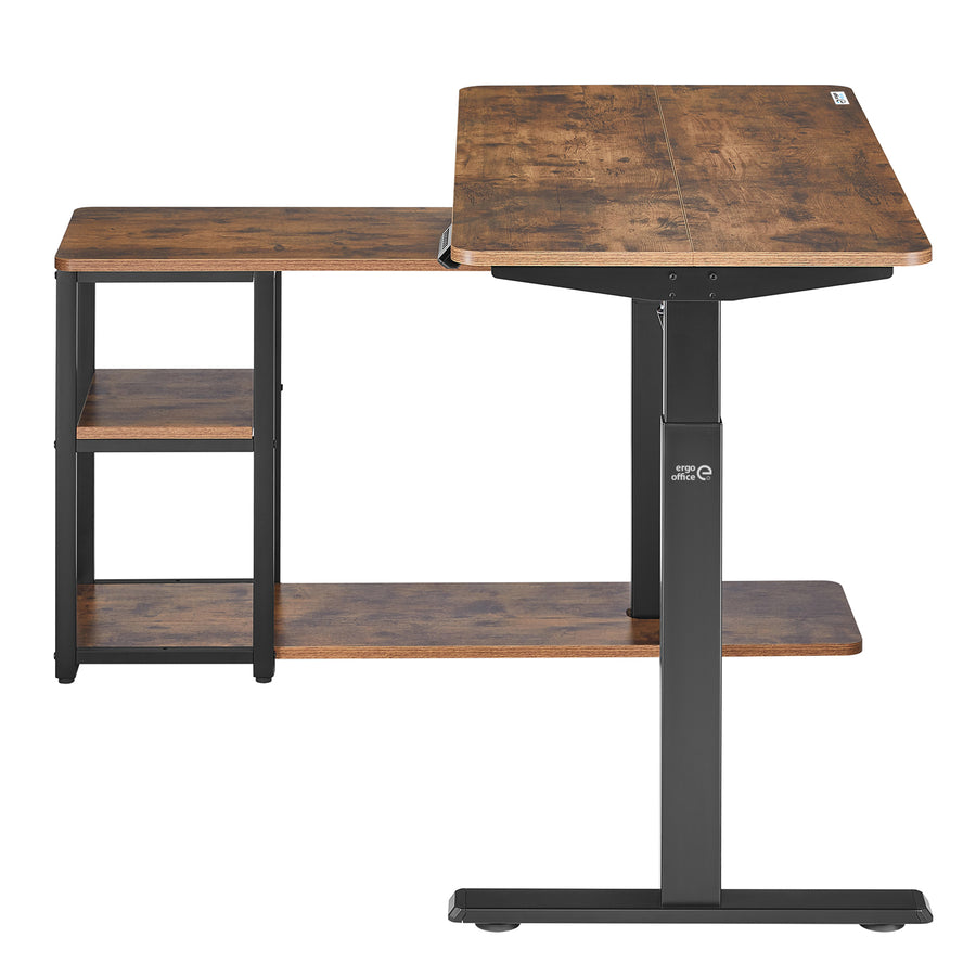 Ergo Office elektriskt lyftbord, max. höjd 121cm, max. 70 kg, med bordsskiva och hyllor, för stående och sittande, rustikbrun, ER-450, 2 delar