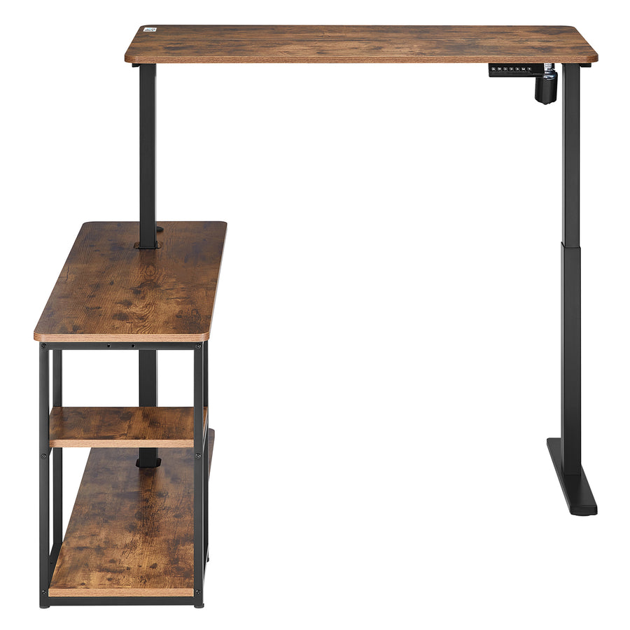 Ergo Office elektriskt lyftbord, max. höjd 121cm, max. 70 kg, med bordsskiva och hyllor, för stående och sittande, rustikbrun, ER-450, 2 delar