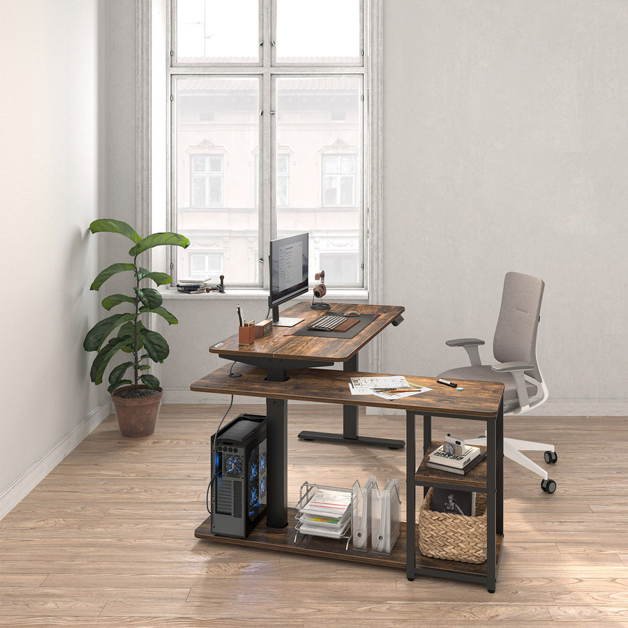 Ergo Office elektriskt lyftbord, max. höjd 121cm, max. 70 kg, med bordsskiva och hyllor, för stående och sittande, rustikbrun, ER-450, 2 delar