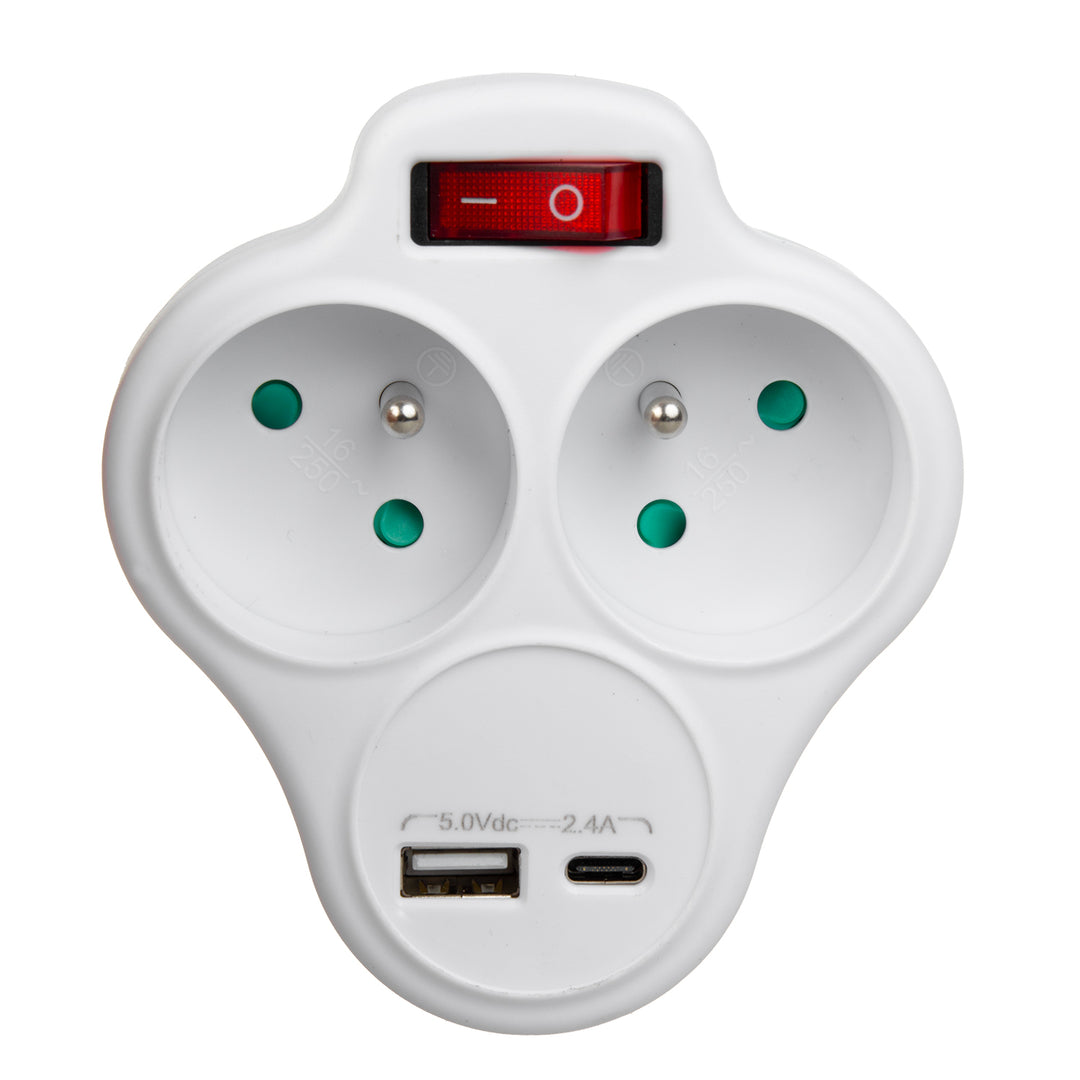 Maclean-uttag, grenuttag med 2 uttag och USB A/C 2,4 A, typ E, 2x16 A, MCE336 E