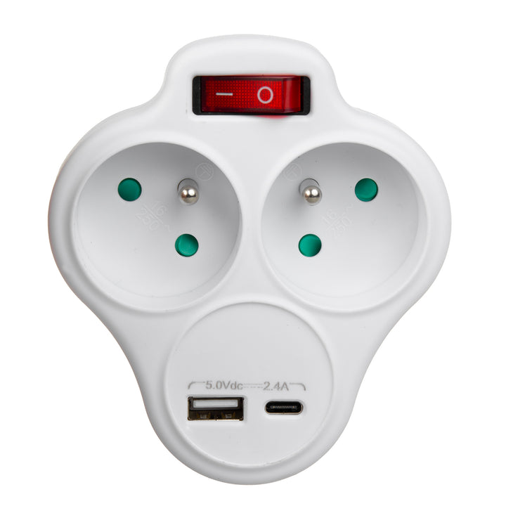 Maclean-uttag, grenuttag med 2 uttag och USB A/C 2,4 A, typ E, 2x16 A, MCE336 E