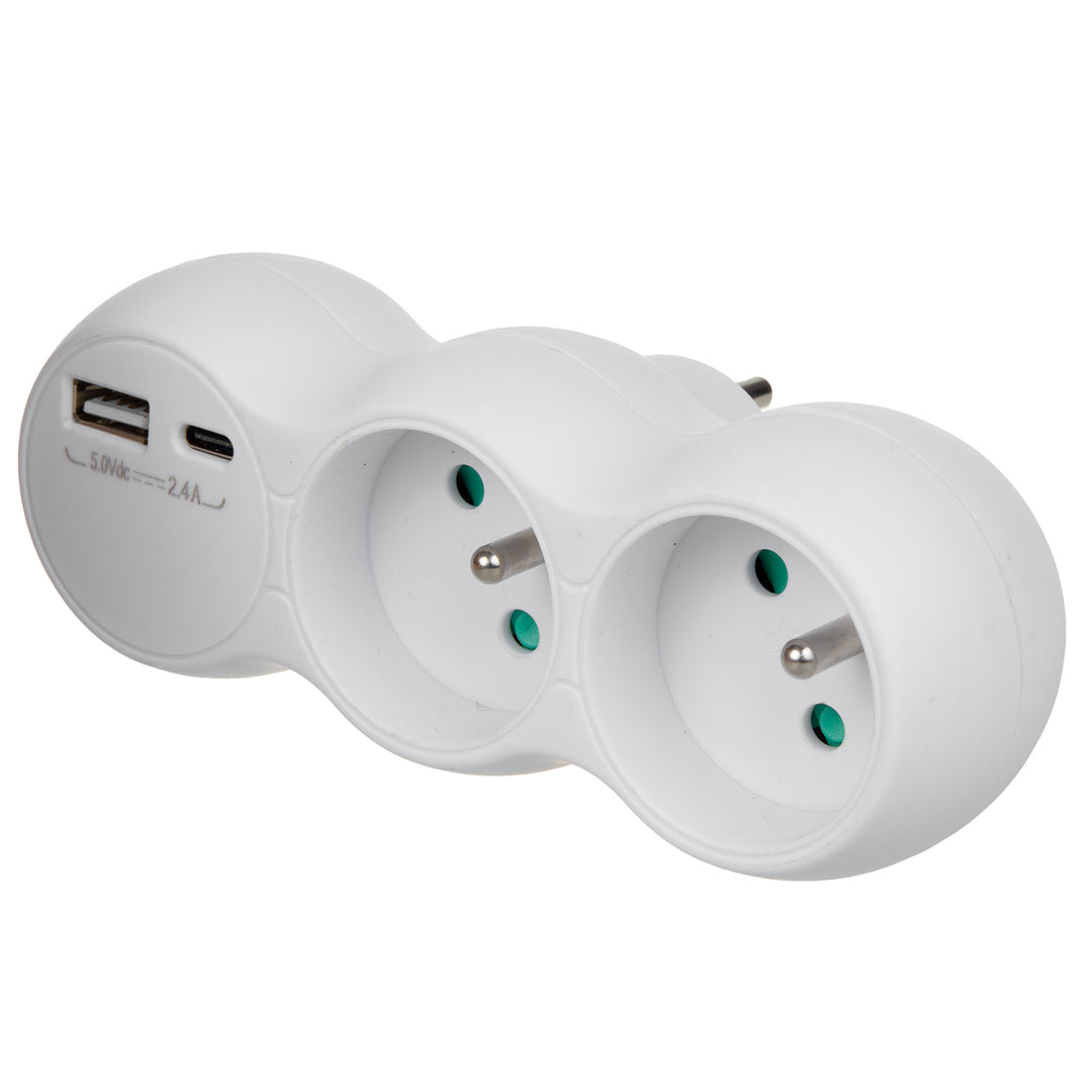 Maclean strömuttag, 2-kontakts splitter, 2x USB A/C, typ E, 2x16A, MCE339 E