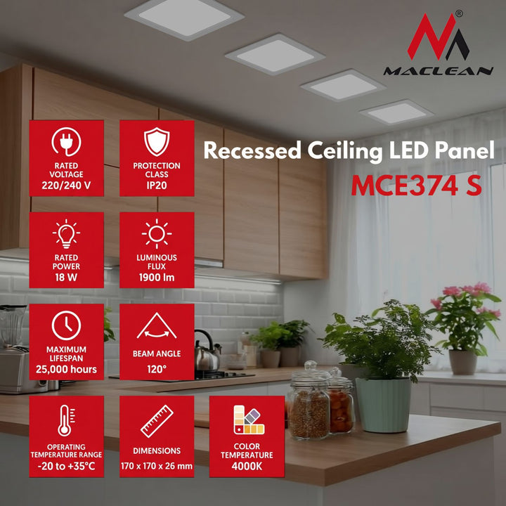 Maclean LED-takpanel, infälld SLIM, 18W, neutralvit 4000K, 170*170*26mm, 1900lm, MCE374 S