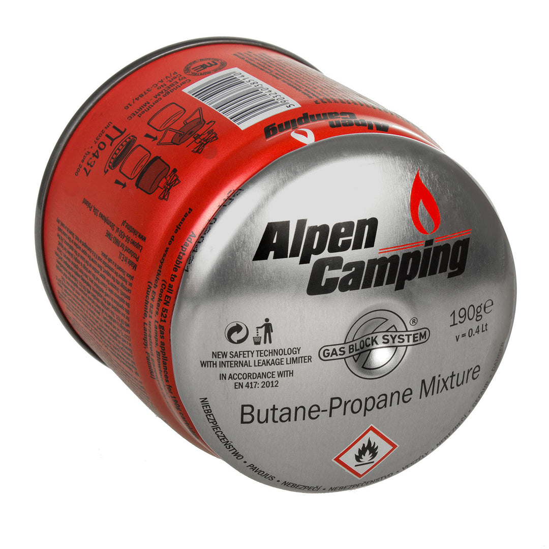 24x Alpen Camping 400 ml gaspatron, certifikat: Pi 0437, överensstämmer med EN417, propan-butan, område -10°c till + 40°c, GAS STOP-system IK006