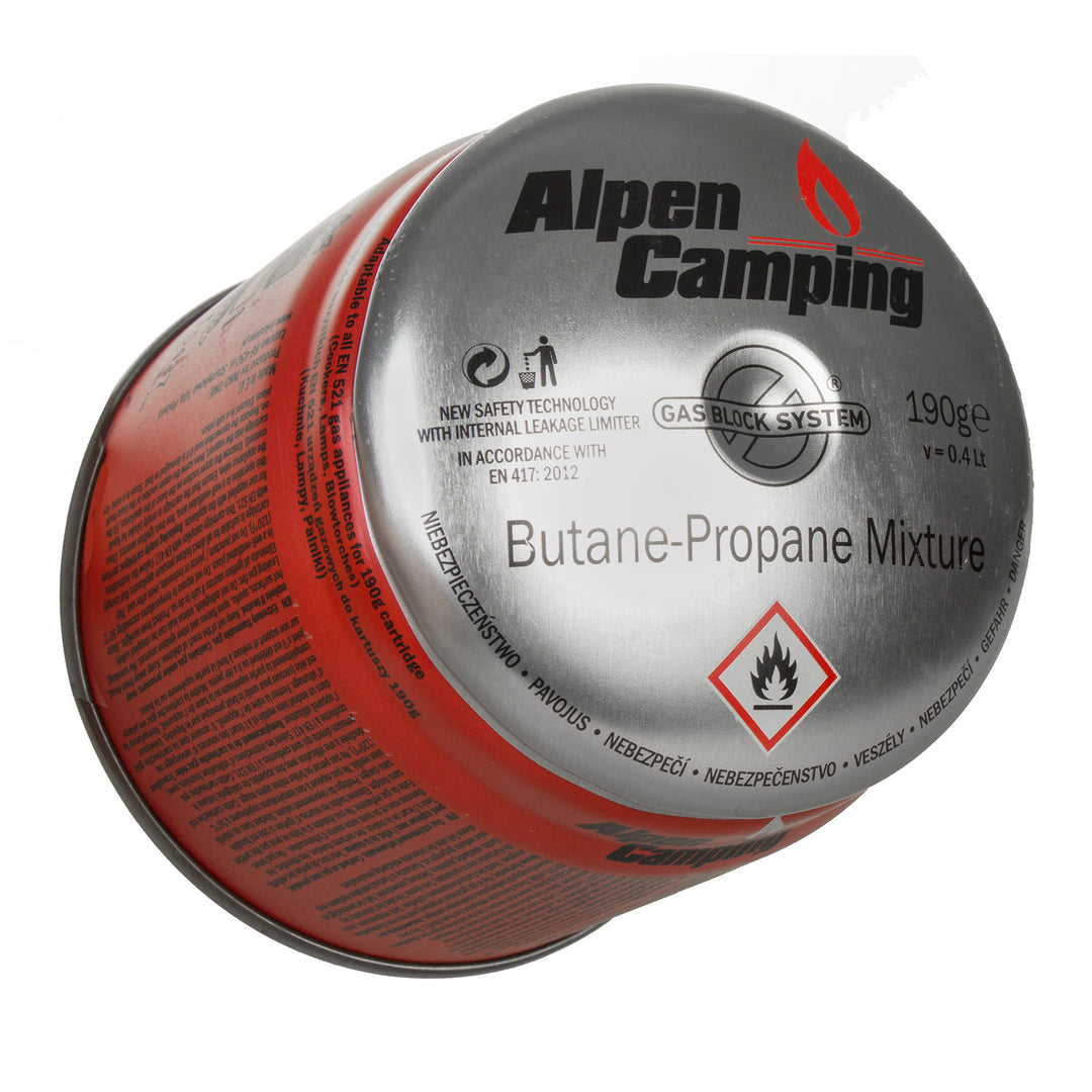 12x Alpen Camping 400 ml gaspatron, certifikat: Pi 0437, överensstämmer med EN417, propan-butan, område -10°c till + 40°c, GAS STOP-system IK006